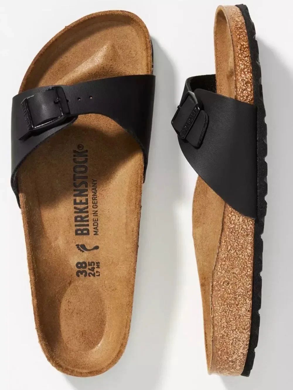 Birkenstock Madrid Black Single-Strap Leather Slide Sandals. 37/7